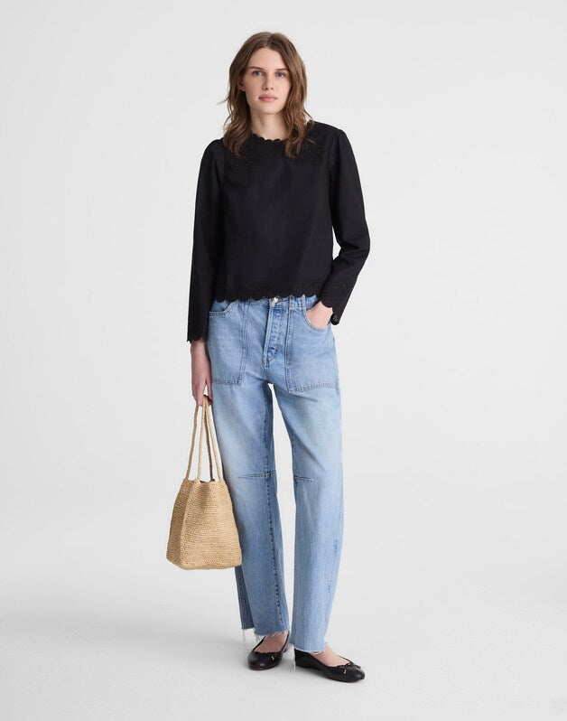 Embroidered Puff-Sleeve Top in Poplin JET BLACK