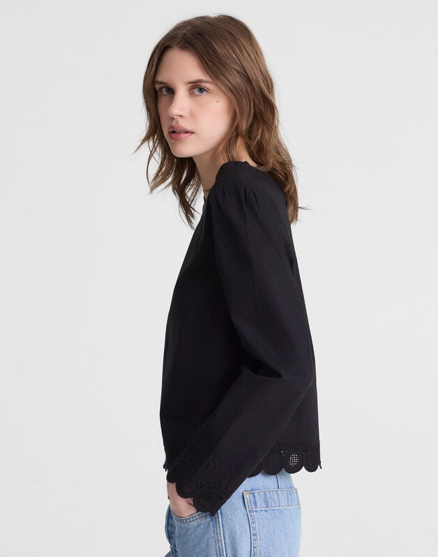 Embroidered Puff-Sleeve Top in Poplin JET BLACK