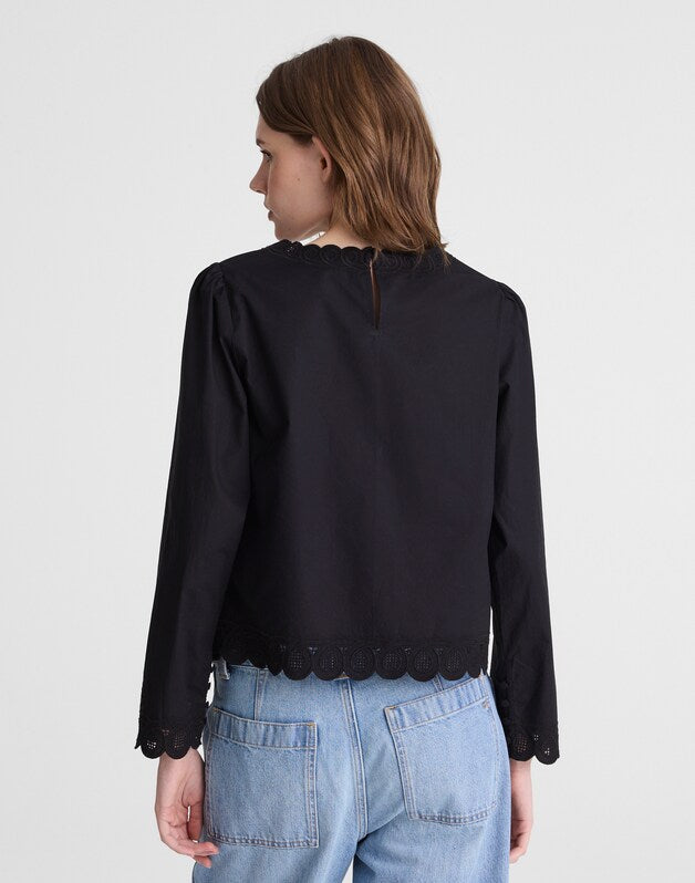 Embroidered Puff-Sleeve Top in Poplin JET BLACK