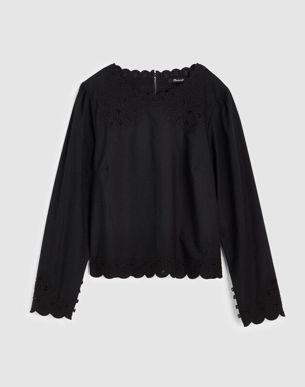 Embroidered Puff-Sleeve Top in Poplin JET BLACK