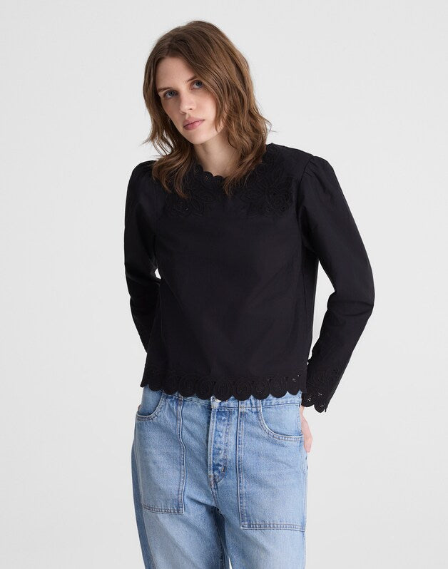 Embroidered Puff-Sleeve Top in Poplin JET BLACK