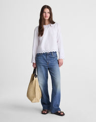 Embroidered Puff-Sleeve Top in Poplin WHITE