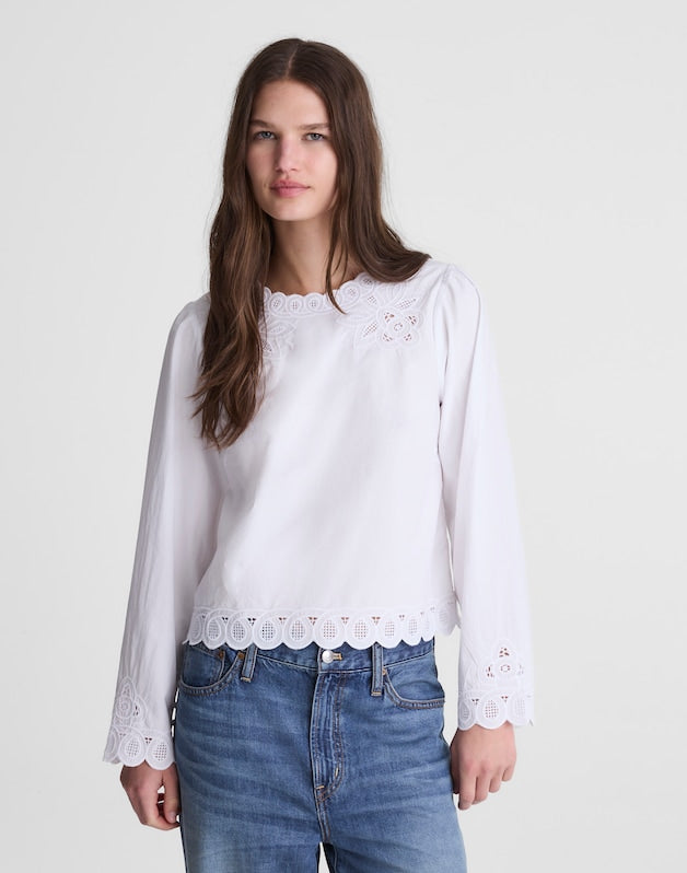 Embroidered Puff-Sleeve Top in Poplin WHITE
