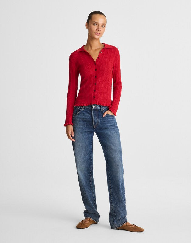 Ruffle-Trim Pointelle Cardigan CRIMSON