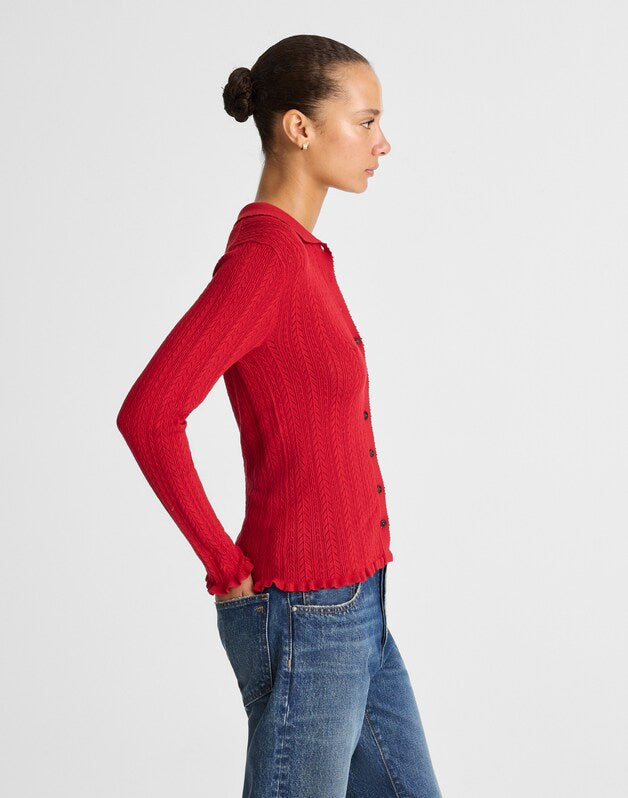 Ruffle-Trim Pointelle Cardigan CRIMSON