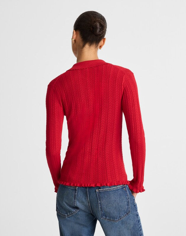 Ruffle-Trim Pointelle Cardigan CRIMSON