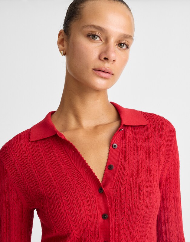 Ruffle-Trim Pointelle Cardigan CRIMSON