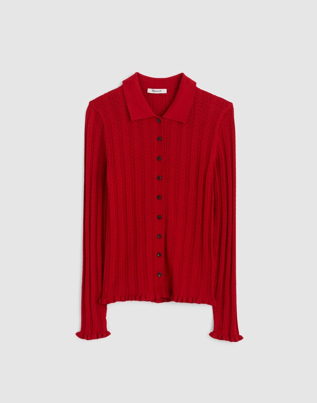 Ruffle-Trim Pointelle Cardigan CRIMSON