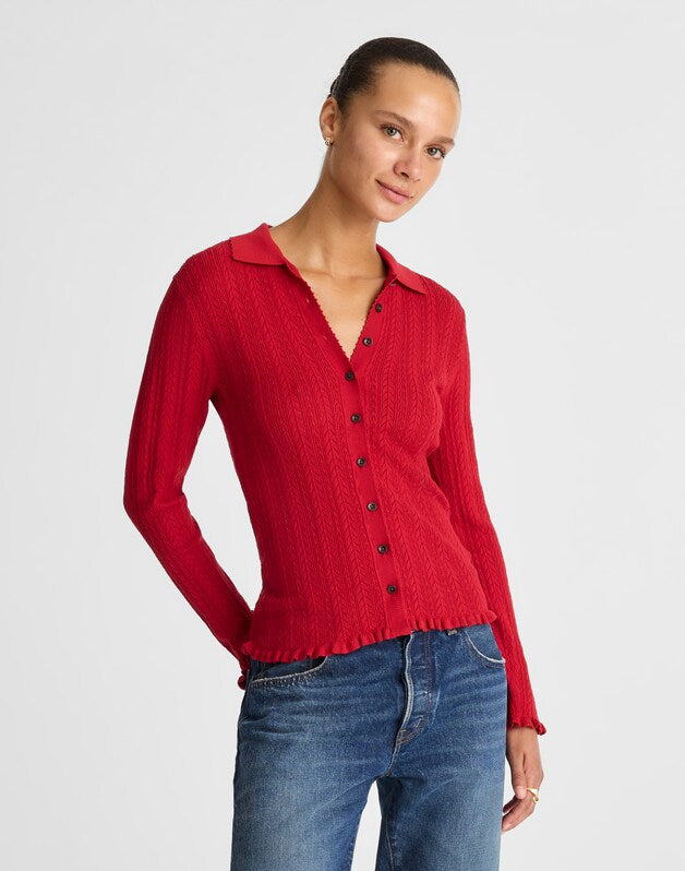 Ruffle-Trim Pointelle Cardigan CRIMSON