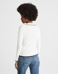 Ruffle-Trim Pointelle Cardigan SOFT WHITE WITH BLACK