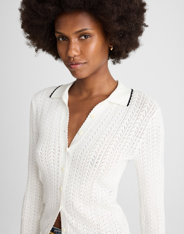 Ruffle-Trim Pointelle Cardigan SOFT WHITE WITH BLACK