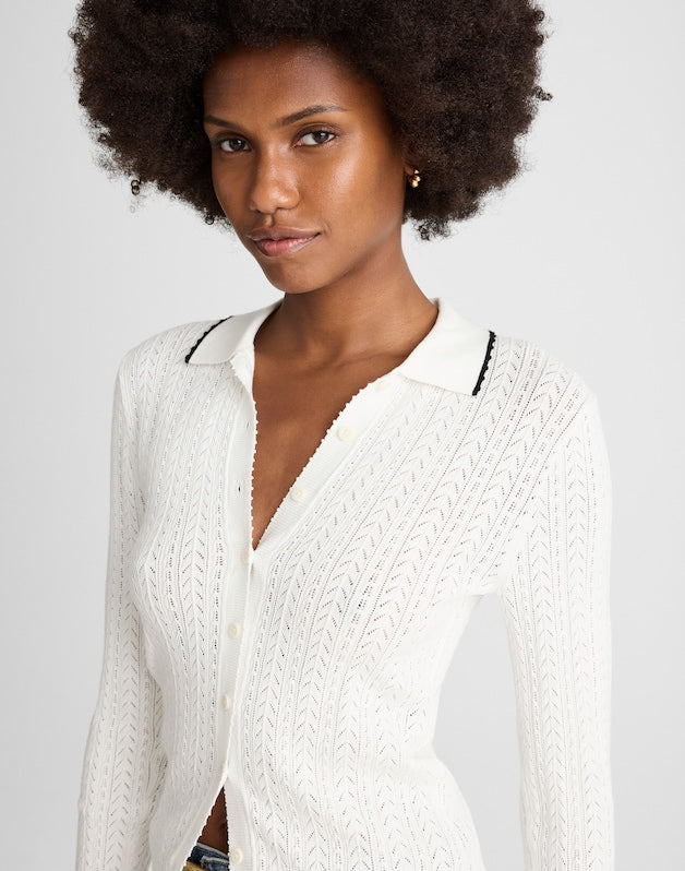 Ruffle-Trim Pointelle Cardigan SOFT WHITE WITH BLACK