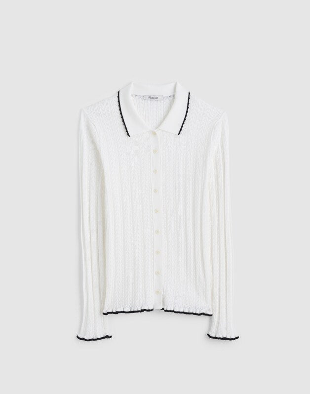 Ruffle-Trim Pointelle Cardigan SOFT WHITE WITH BLACK