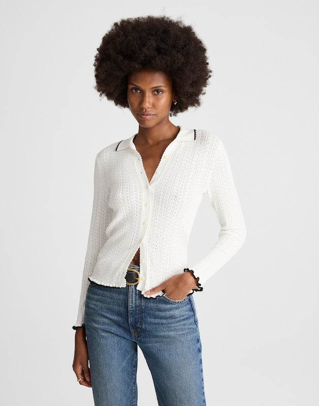 Ruffle-Trim Pointelle Cardigan SOFT WHITE WITH BLACK