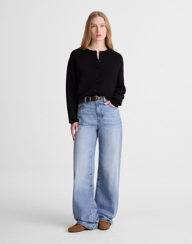 Raglan-Sleeve Cropped Cardigan in Merino Wool BLACK