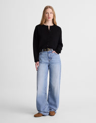 Raglan-Sleeve Cropped Cardigan in Merino Wool BLACK