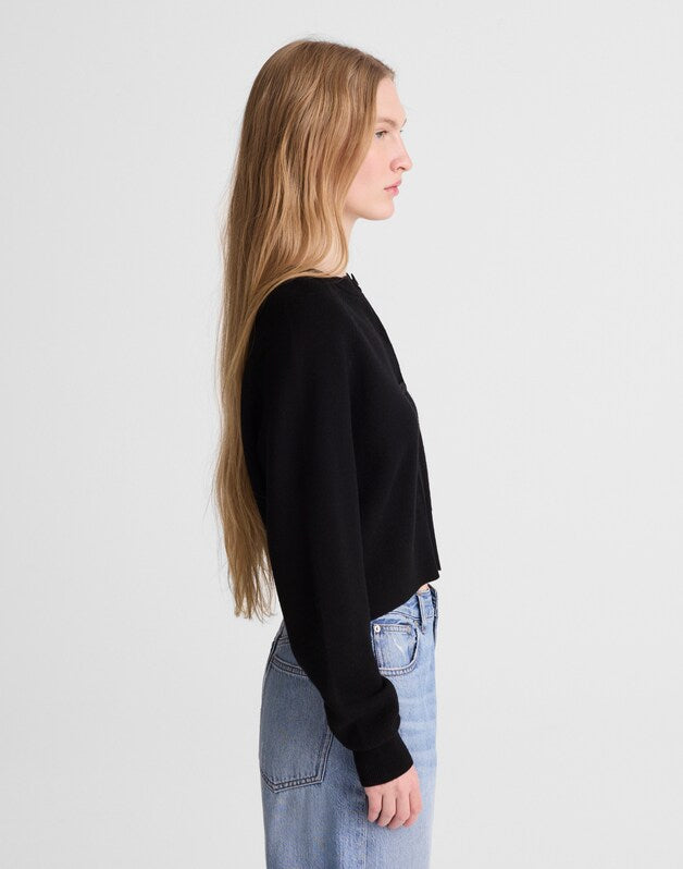 Raglan-Sleeve Cropped Cardigan in Merino Wool BLACK