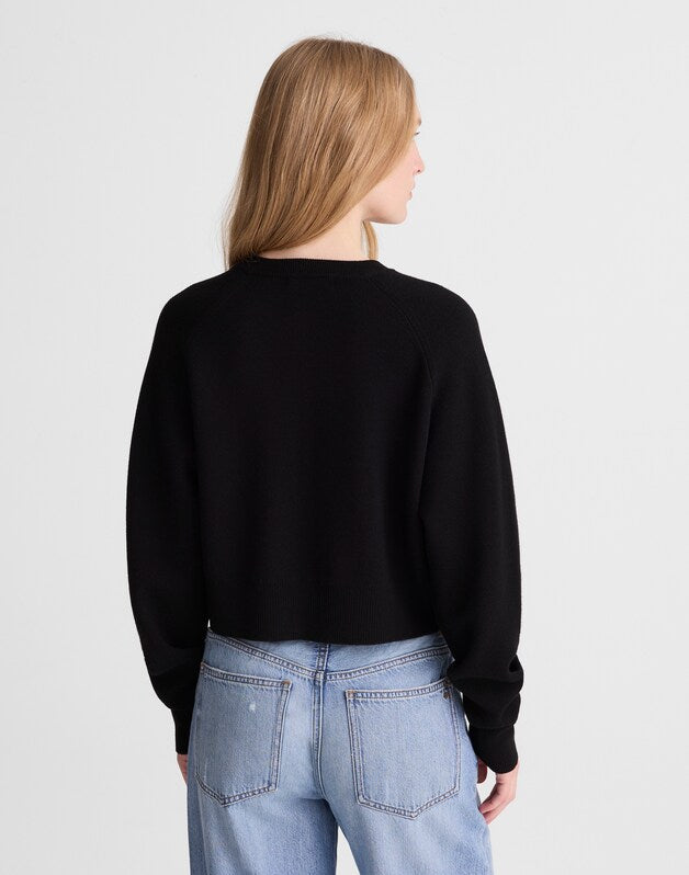 Raglan-Sleeve Cropped Cardigan in Merino Wool BLACK