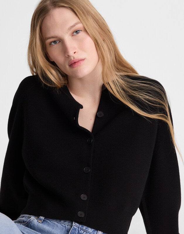 Raglan-Sleeve Cropped Cardigan in Merino Wool BLACK