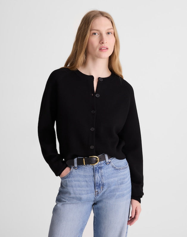 Raglan-Sleeve Cropped Cardigan in Merino Wool BLACK