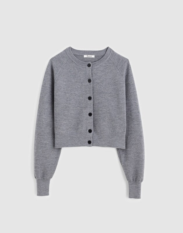 Raglan-Sleeve Cropped Cardigan in Merino Wool HEATHER STEEL