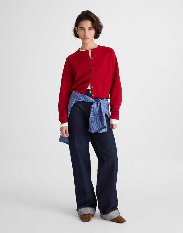 Raglan-Sleeve Cropped Cardigan in Merino Wool CRIMSON