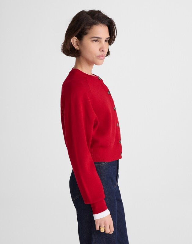 Raglan-Sleeve Cropped Cardigan in Merino Wool CRIMSON
