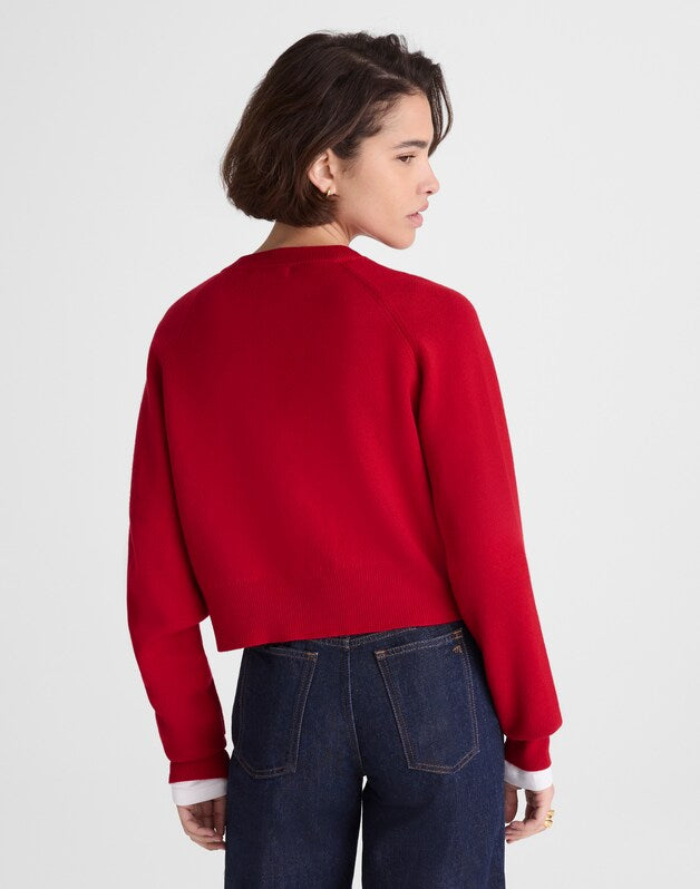 Raglan-Sleeve Cropped Cardigan in Merino Wool CRIMSON