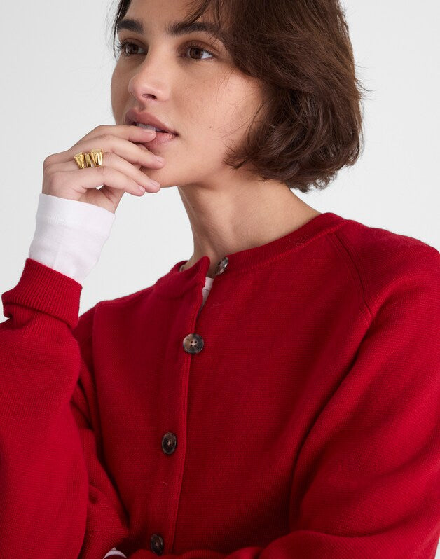 Raglan-Sleeve Cropped Cardigan in Merino Wool CRIMSON