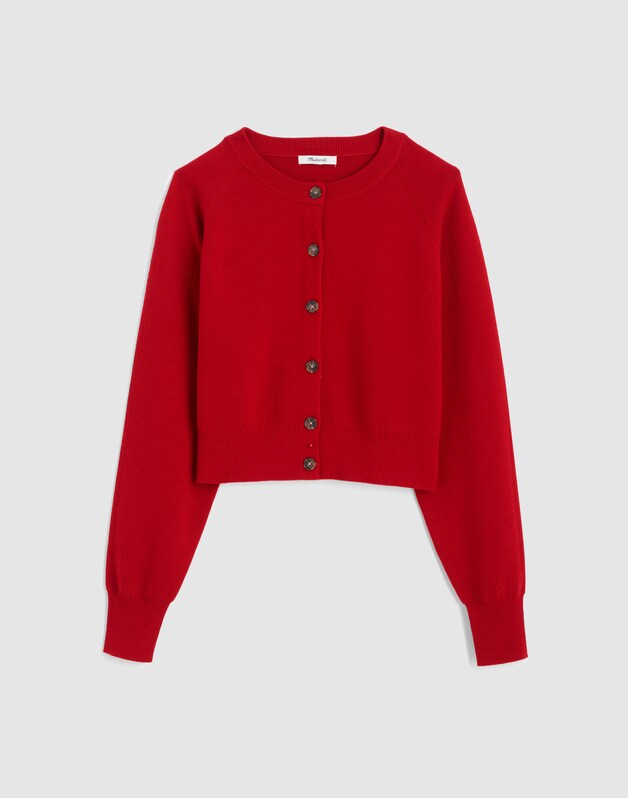 Raglan-Sleeve Cropped Cardigan in Merino Wool CRIMSON