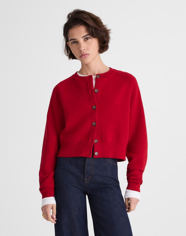 Raglan-Sleeve Cropped Cardigan in Merino Wool CRIMSON