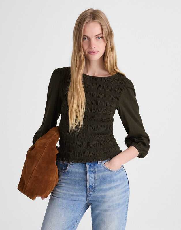 Smocked Boatneck Top MIDNIGHT OLIVE