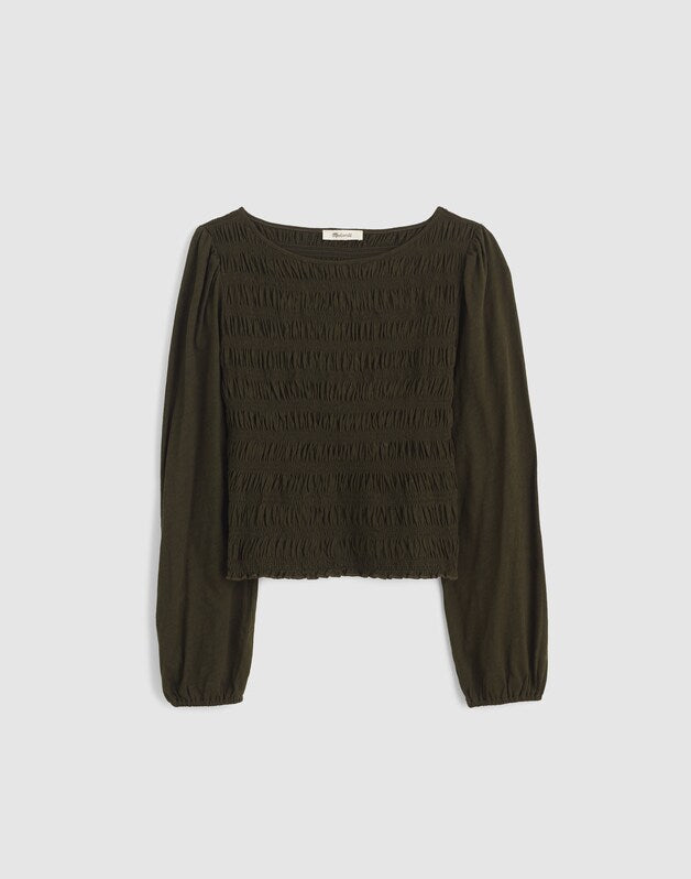 Smocked Boatneck Top MIDNIGHT OLIVE
