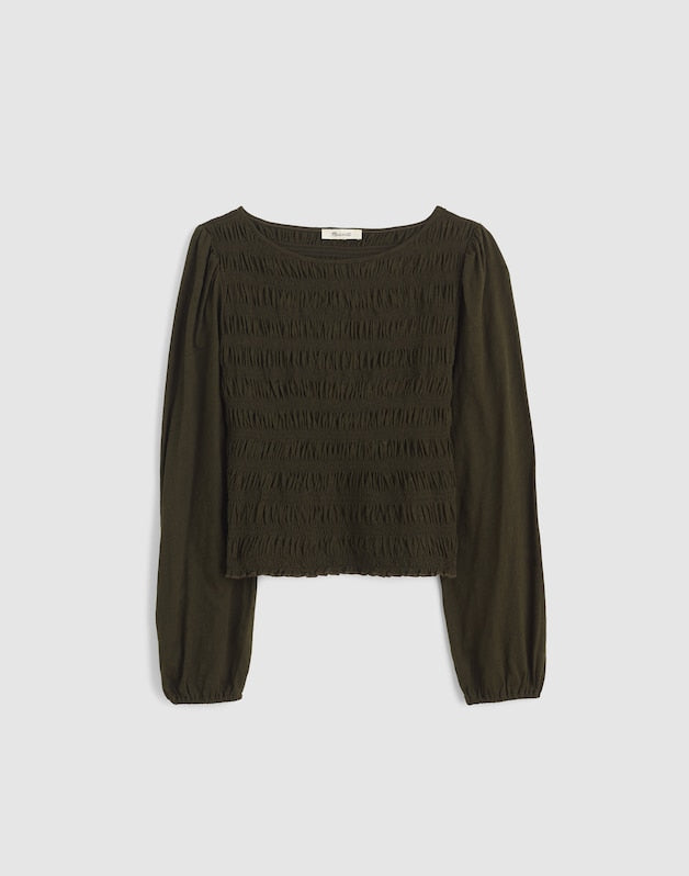 Smocked Boatneck Top MIDNIGHT OLIVE