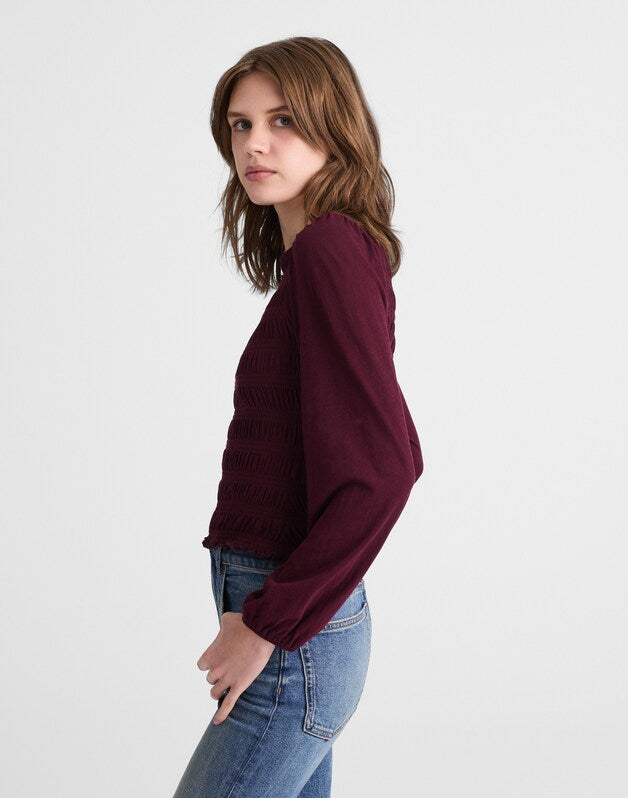 Smocked Boatneck Top DARK POMEGRANATE