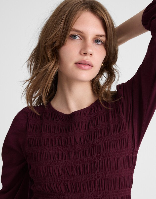 Smocked Boatneck Top DARK POMEGRANATE
