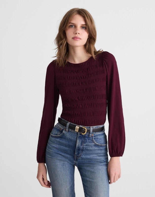Smocked Boatneck Top DARK POMEGRANATE