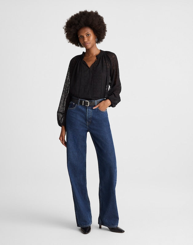 Embroidered Tie-Neck Long-Sleeve Top JET BLACK