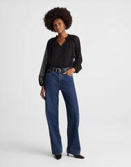 Embroidered Tie-Neck Long-Sleeve Top JET BLACK