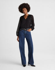 Embroidered Tie-Neck Long-Sleeve Top JET BLACK