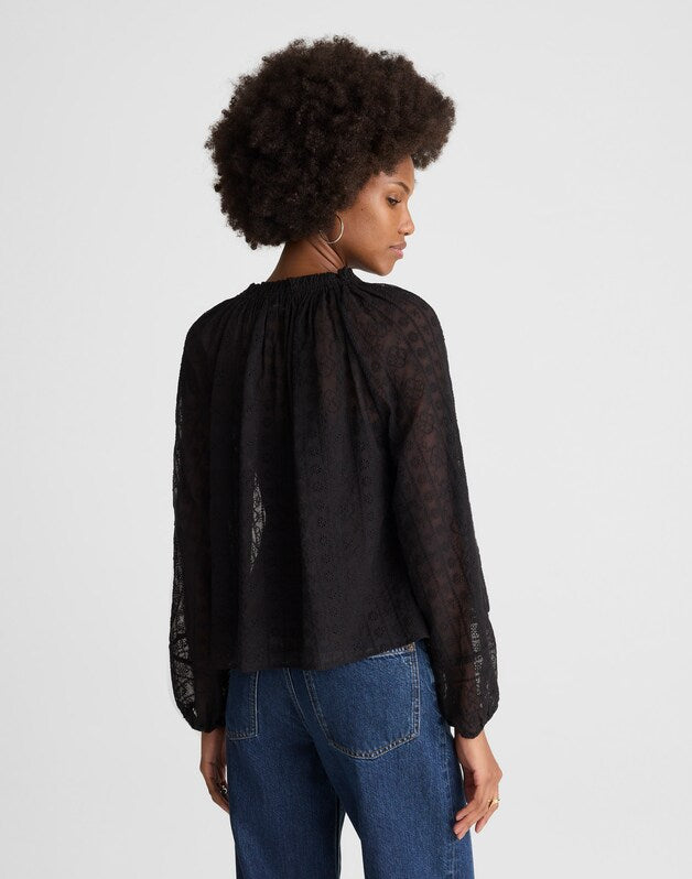 Embroidered Tie-Neck Long-Sleeve Top JET BLACK