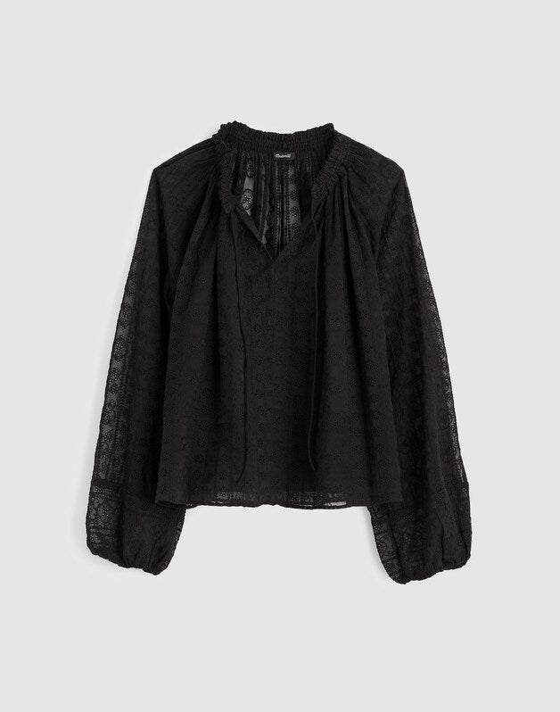 Embroidered Tie-Neck Long-Sleeve Top JET BLACK