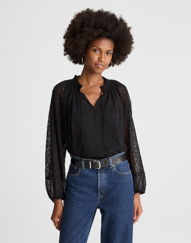 Embroidered Tie-Neck Long-Sleeve Top JET BLACK
