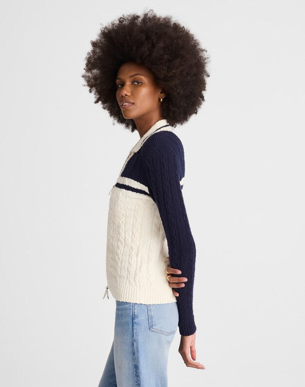Colorblock Cable-Knit Zip Cardigan NAVY AND IVORY COLOR BLOCK