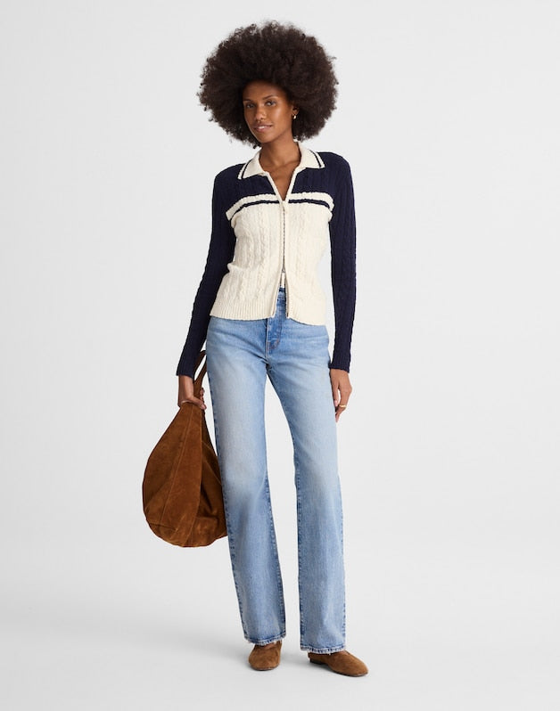 Colorblock Cable-Knit Zip Cardigan NAVY AND IVORY COLOR BLOCK