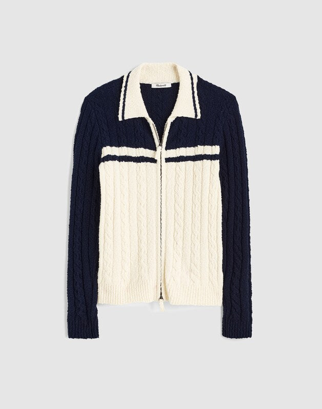 Colorblock Cable-Knit Zip Cardigan NAVY AND IVORY COLOR BLOCK