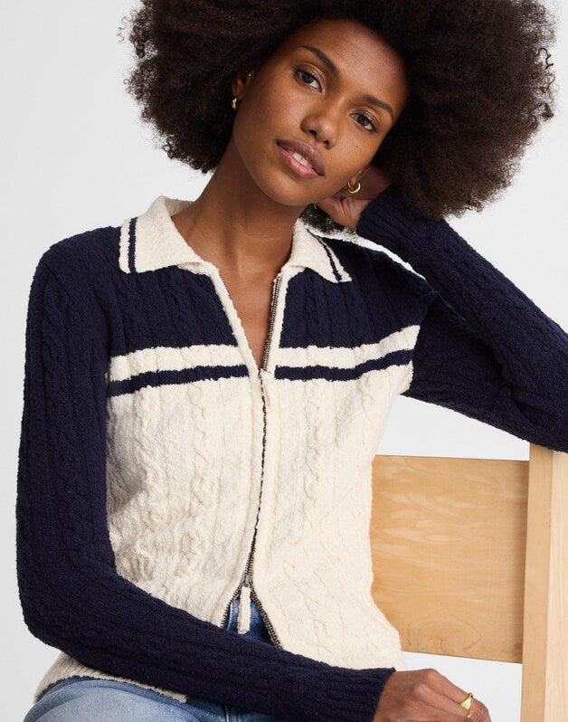 Colorblock Cable-Knit Zip Cardigan NAVY AND IVORY COLOR BLOCK