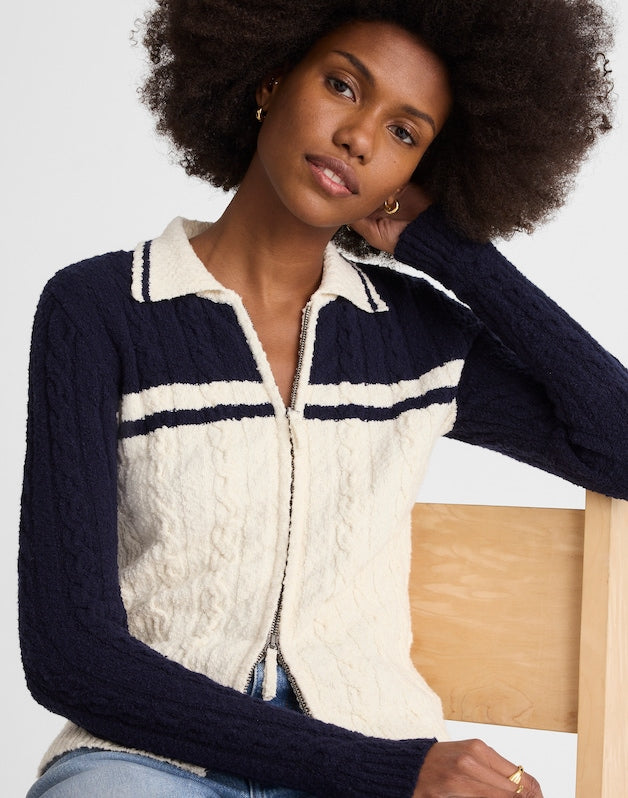 Colorblock Cable-Knit Zip Cardigan NAVY AND IVORY COLOR BLOCK