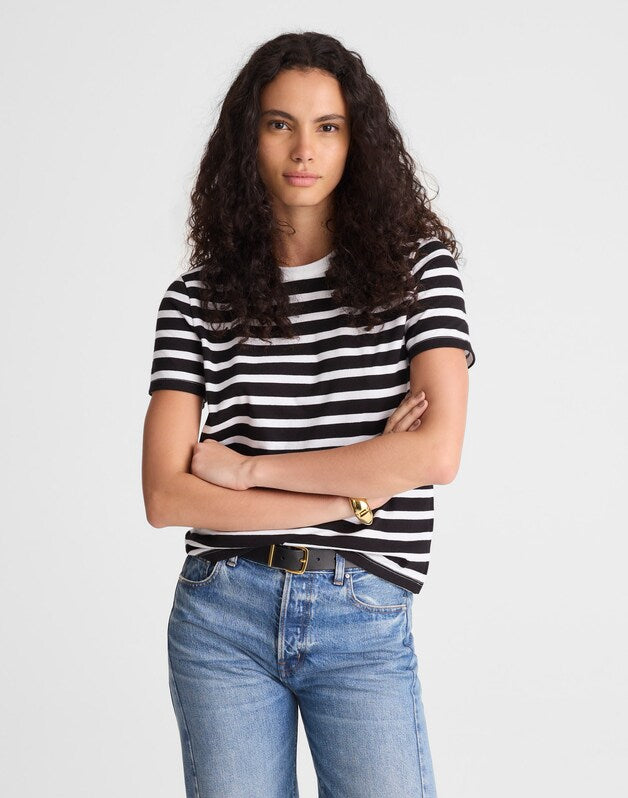 The Perfect Crewneck Tee in Allday Jersey BACK TO BLACK STRIPE