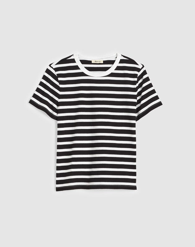 The Perfect Crewneck Tee in Allday Jersey BACK TO BLACK STRIPE